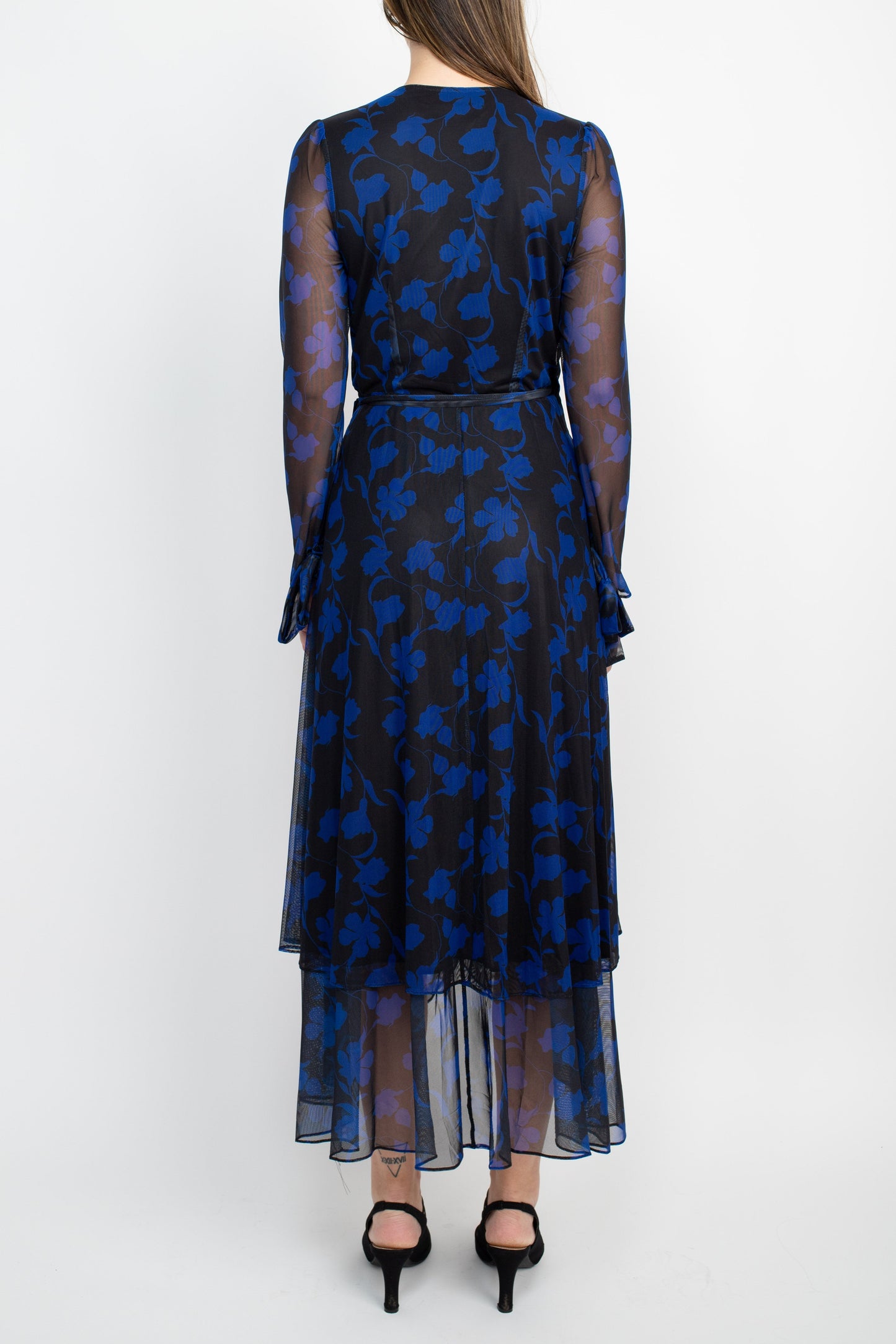 Laundry Surplice V- Neck Back Zipper Midi Draped Mesh Dress