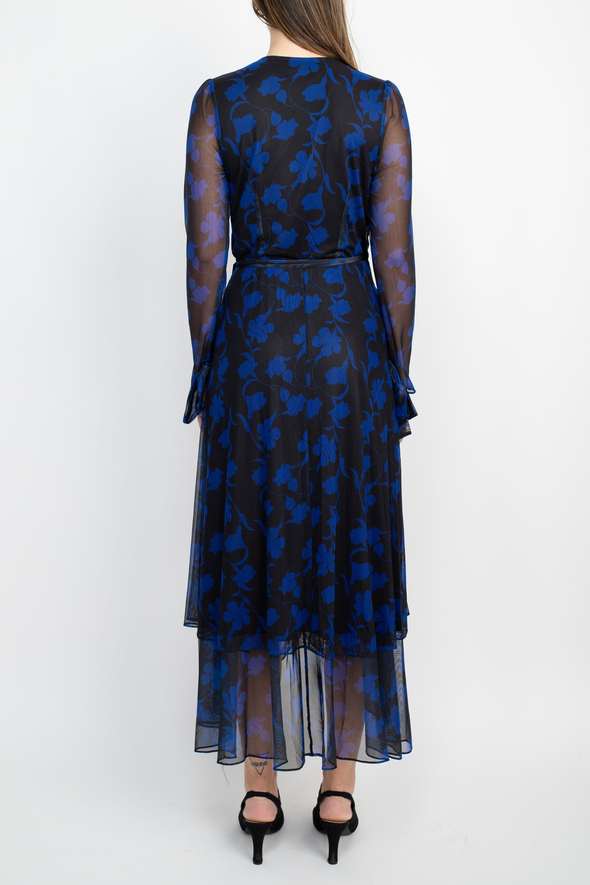 Laundry Surplice V- Neck Back Zipper Midi Draped Mesh Dress