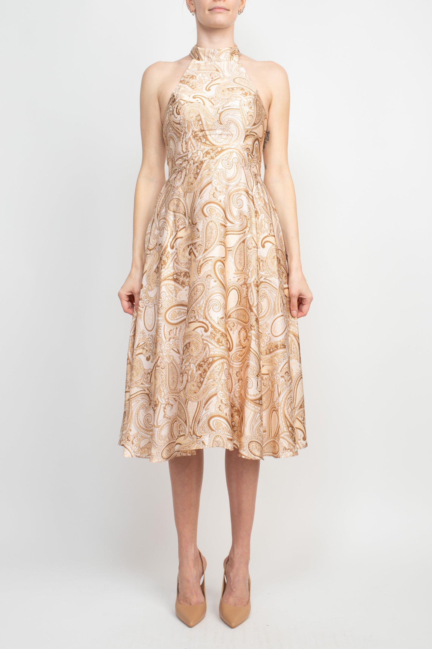 Laundry Tie Back Halter Neck Zipper Back Paisley Print Fit and Flare Satin Midi Dress