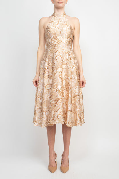 Laundry Tie Back Halter Neck Zipper Back Paisley Print Fit and Flare Satin Midi Dress