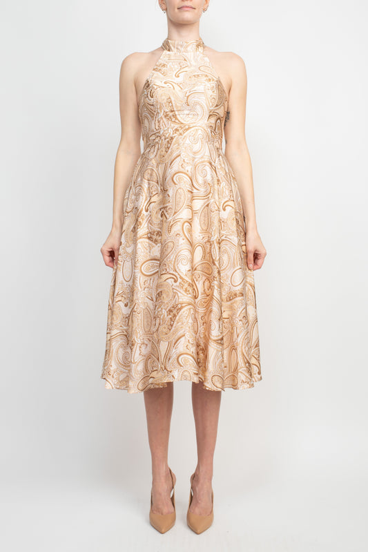 Laundry Tie Back Halter Neck Zipper Back Paisley Print Fit and Flare Satin Midi Dress
