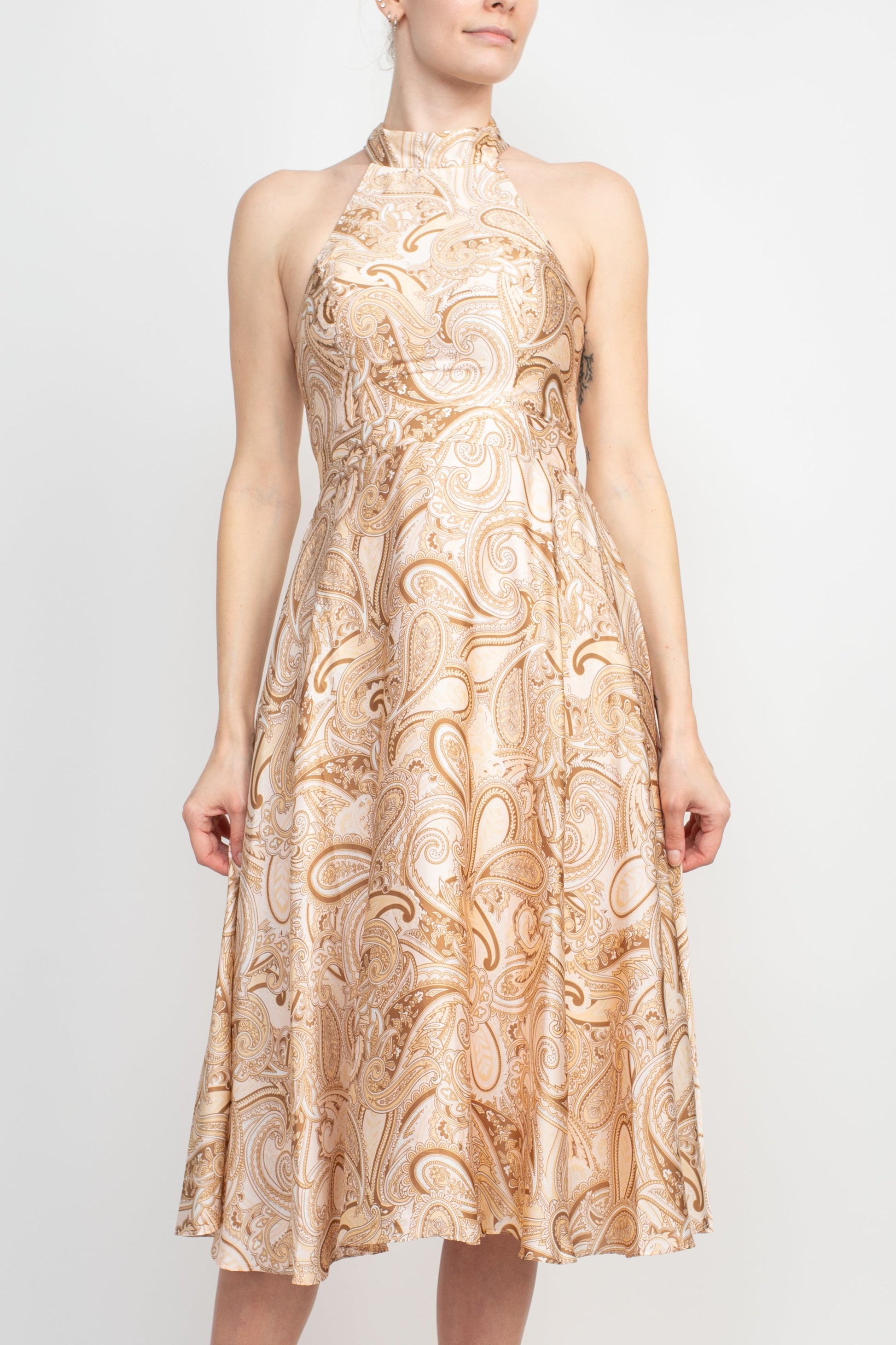 Laundry Tie Back Halter Neck Zipper Back Paisley Print Fit and Flare Satin Midi Dress