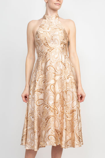 Laundry Tie Back Halter Neck Zipper Back Paisley Print Fit and Flare Satin Midi Dress