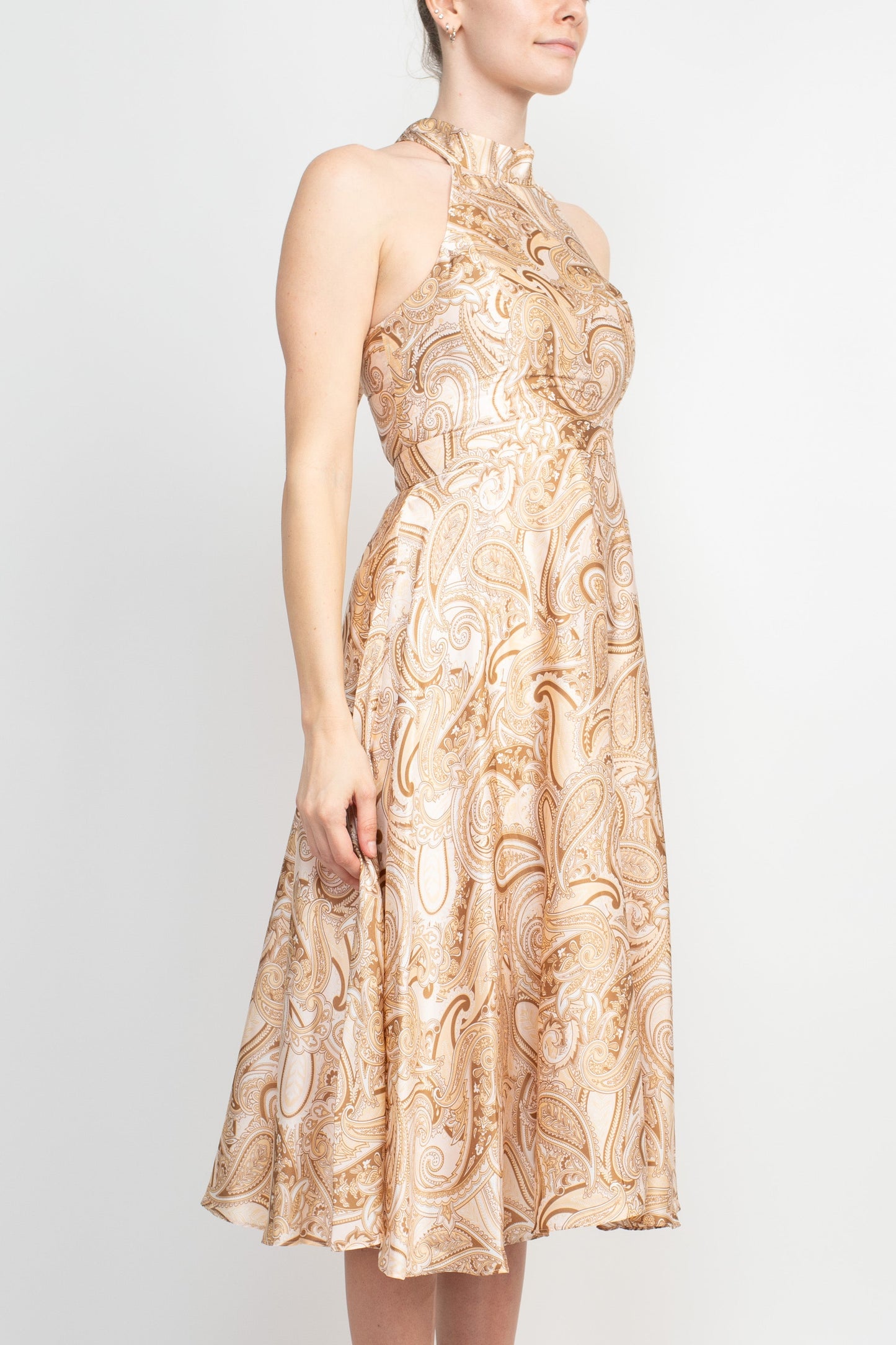 Laundry Tie Back Halter Neck Zipper Back Paisley Print Fit and Flare Satin Midi Dress