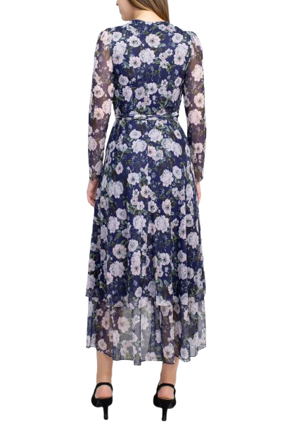 Laundry V-Neck Long Sleeve Tie Waist Floral Print Tiered Power Mesh Dress-2