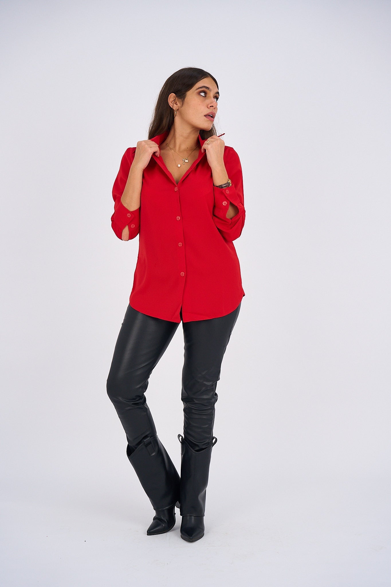 Button Up Basic Shirt - True Red-2