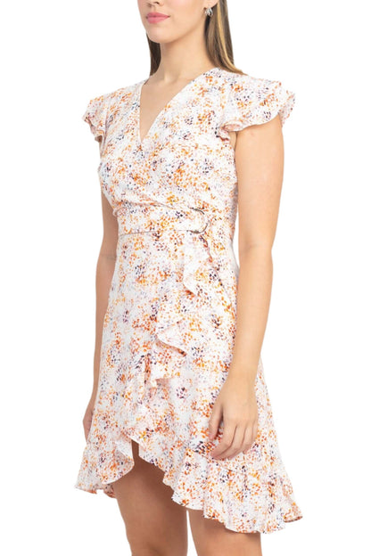 Laundry V-Neck Flutter Sleeve Tie Waist Ruffled Hem A-Line Zipper Back Twill Dress-2