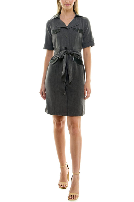 Sharagano notched collar short roll tab sleeve button closure belted matte jersey dress-0