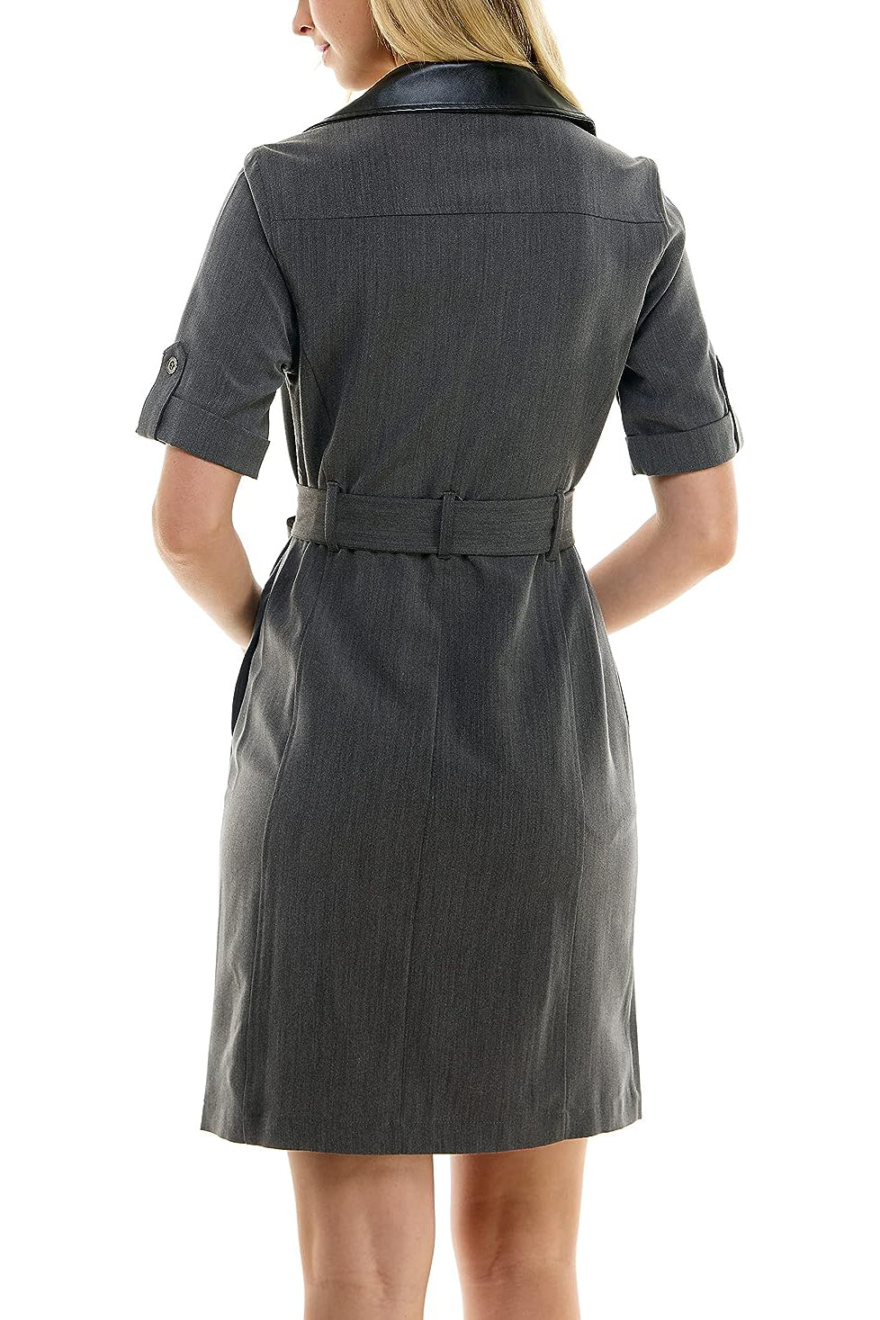 Sharagano notched collar short roll tab sleeve button closure belted matte jersey dress-3