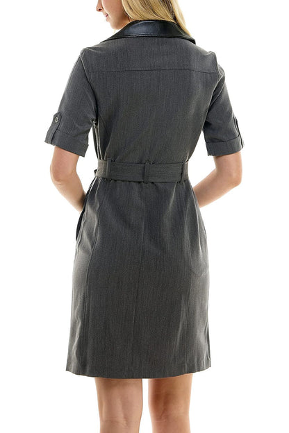 Sharagano notched collar short roll tab sleeve button closure belted matte jersey dress-3