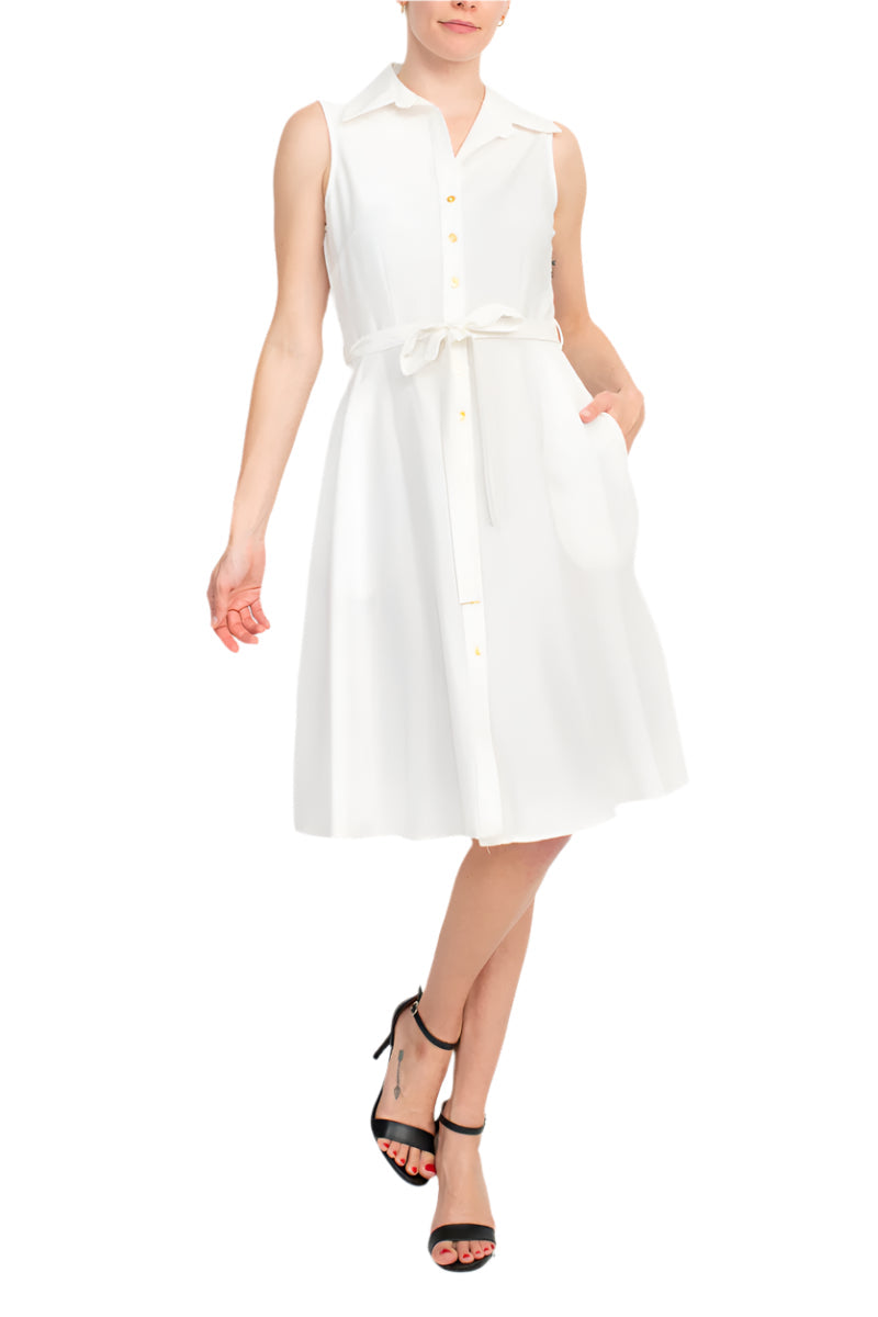 Sharagano Collared Sleeveless Tie Waist Solid A-Line Rayon Dress-2