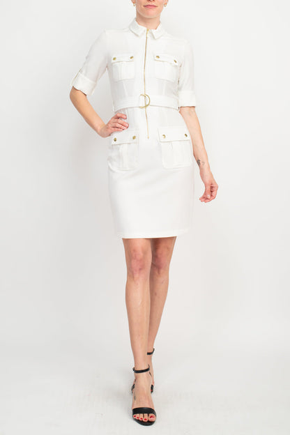 Sharagano Collared Short Sleeve Zipper Front Belted Solid Rayon Dress