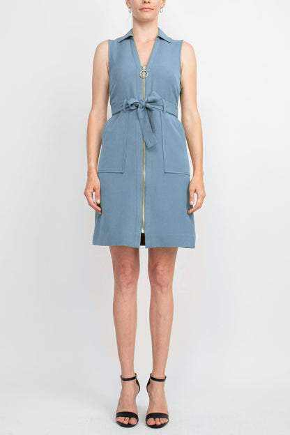 Sharagano Collared Sleeveless Zipper Front Tie Waist Solid Rayon Dress
