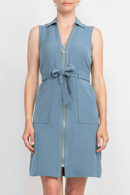 Sharagano Collared Sleeveless Zipper Front Tie Waist Solid Rayon Dress