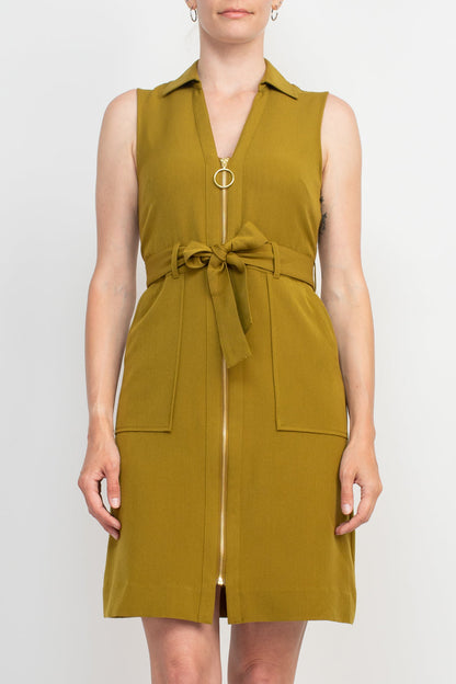Sharagano Collared Sleeveless Zipper Front Tie Waist Solid Rayon Dress