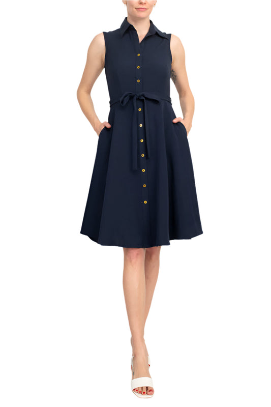 Sharagano Collared Sleeveless Tie Waist Solid A-Line Rayon Dress-0