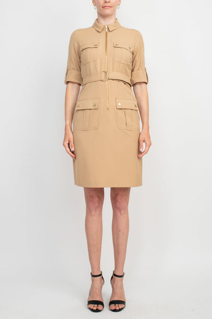 Sharagano Collared Short Sleeve Zipper Front Belted Solid Rayon Dress