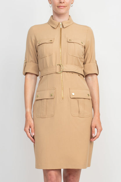 Sharagano Collared Short Sleeve Zipper Front Belted Solid Rayon Dress