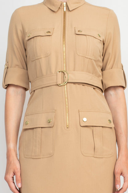 Sharagano Collared Short Sleeve Zipper Front Belted Solid Rayon Dress