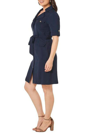 Sharagano Collared Chuffed Sleeve Button Down Belt Hoop Tie Waist Rayon Dress-1