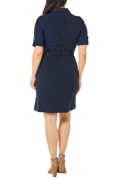 Sharagano Collared Chuffed Sleeve Button Down Belt Hoop Tie Waist Rayon Dress-2