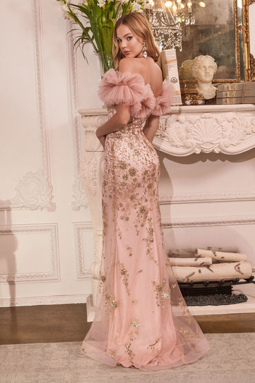 Gathered Tulle Off the Shoulder Shimmering Mermaid Silhouette Prom & Ball Gown CDJ818-1
