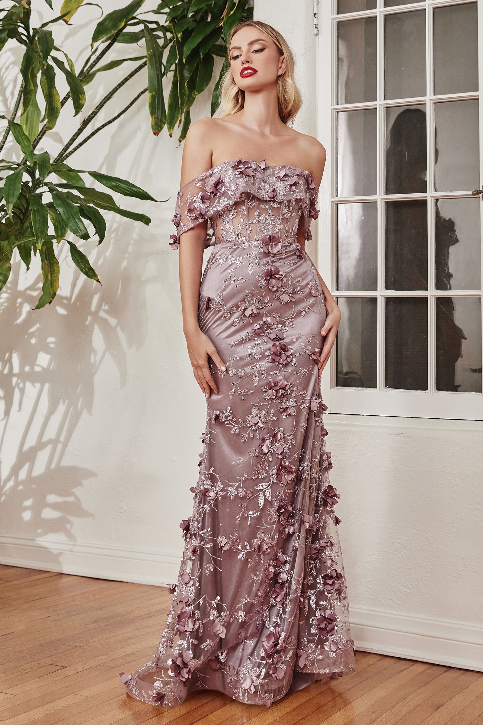 FLORAL PRINT FITTED OFF THE SHOULDER GOWN CDJ832-5
