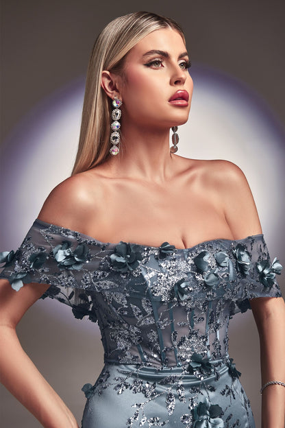 FLORAL PRINT FITTED OFF THE SHOULDER GOWN CDJ832-2