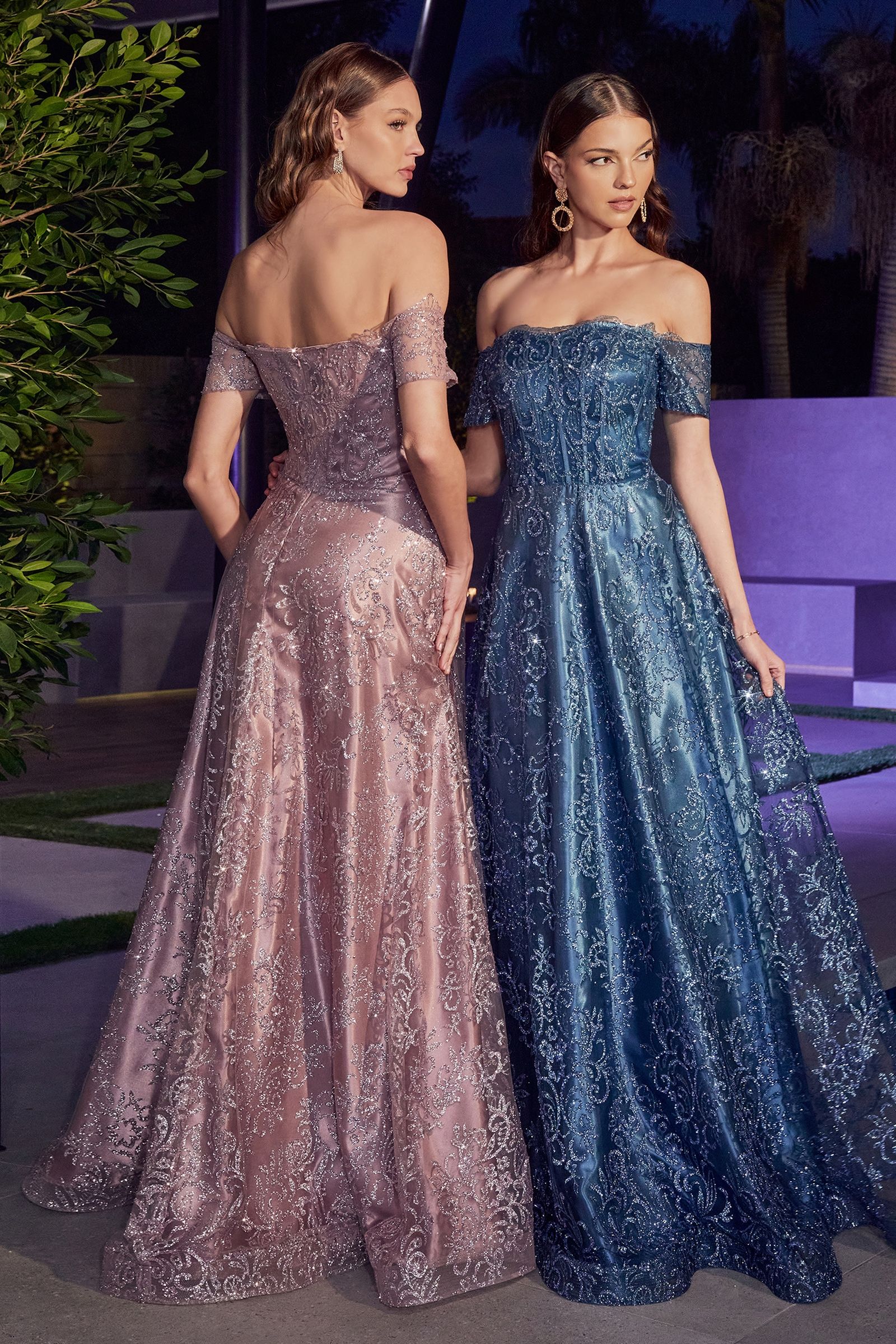 Emerald Green, Dusty Rose, Steel Blue Off-Shoulder Embroidered Glitter Gown  CDJ835-1