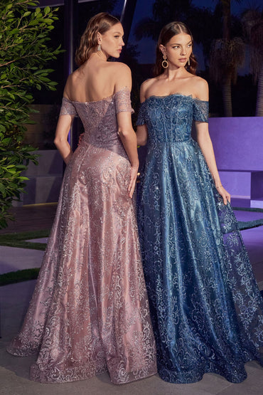 Emerald Green, Dusty Rose, Steel Blue Off-Shoulder Embroidered Glitter Gown  CDJ835-1