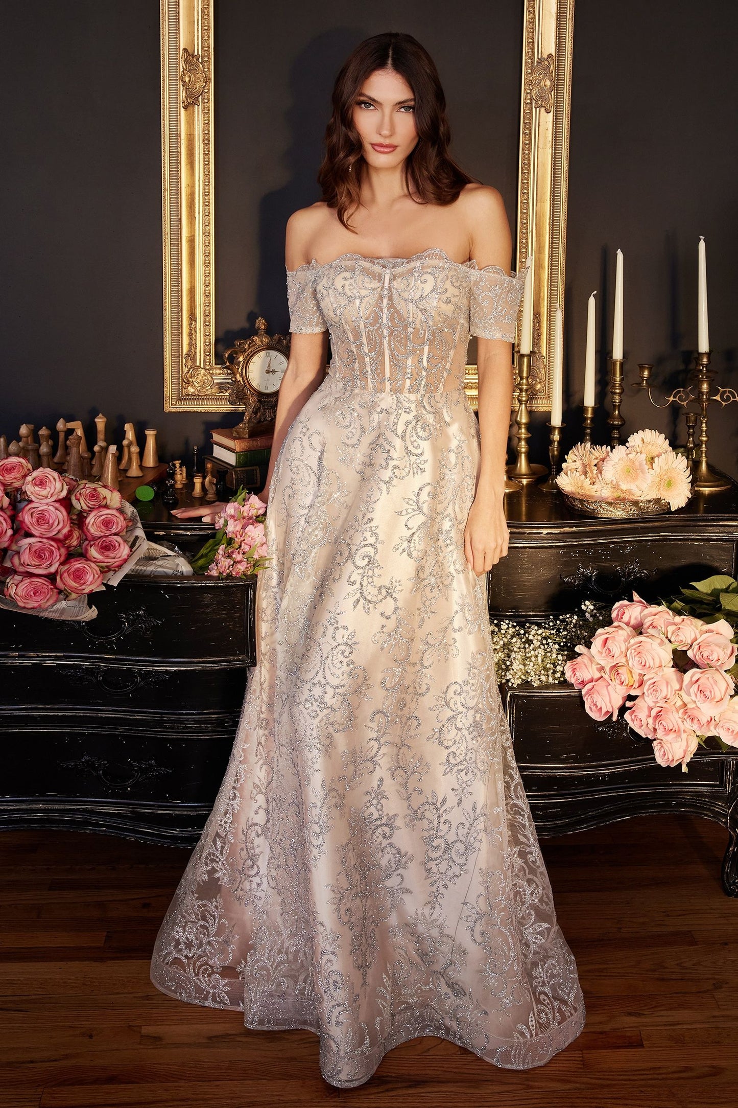 Emerald Green, Dusty Rose, Steel Blue Off-Shoulder Embroidered Glitter Gown  CDJ835-2