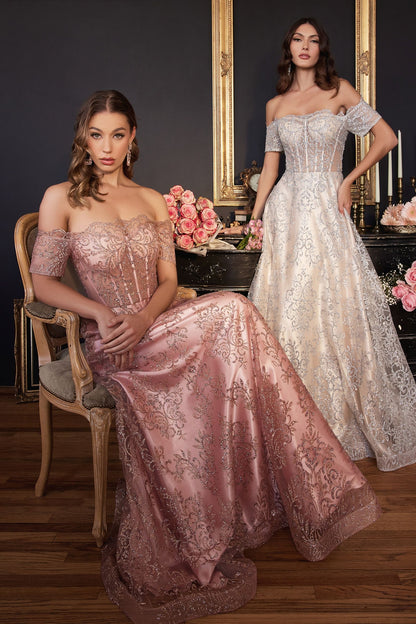 Emerald Green, Dusty Rose, Steel Blue Off-Shoulder Embroidered Glitter Gown  CDJ835-3