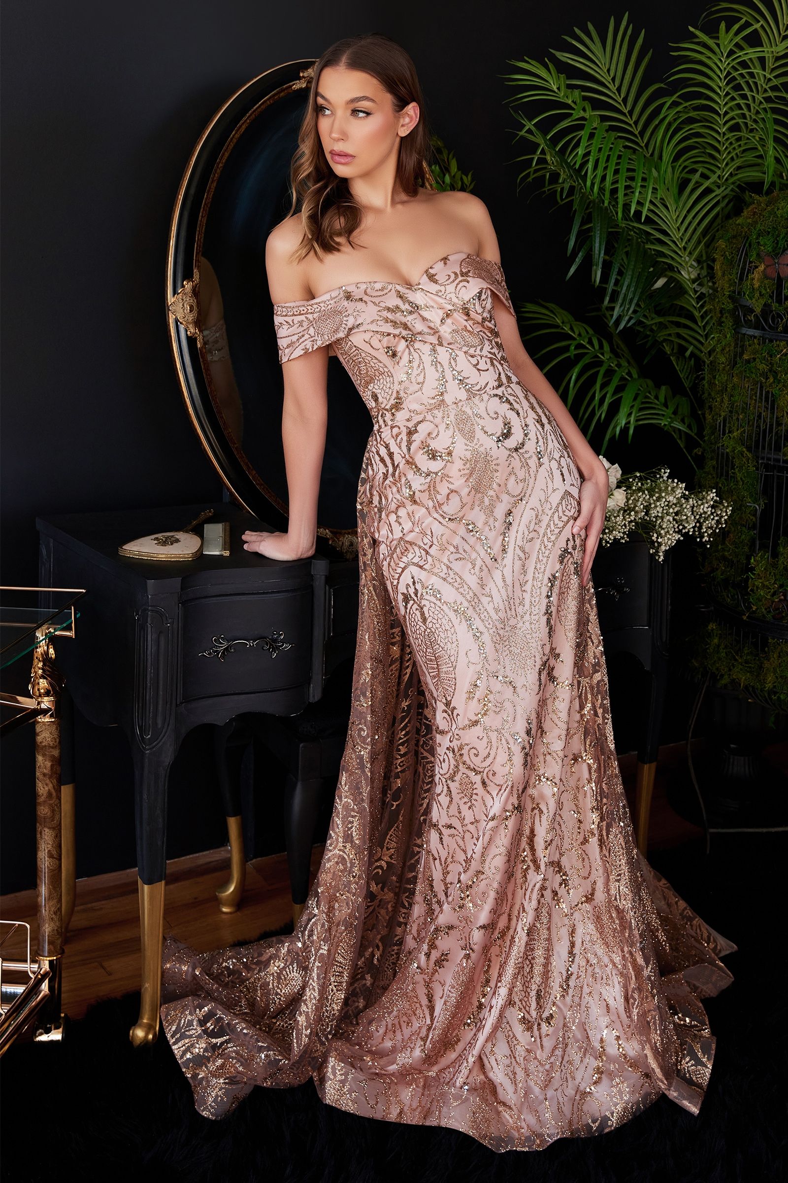 Royal Blue Off Shoulder Glitter Evening Gown with Sheer Overlay  CDJ836-2