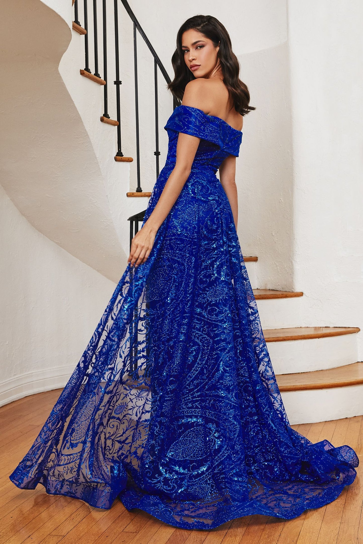 Royal Blue Off Shoulder Glitter Evening Gown with Sheer Overlay  CDJ836-1