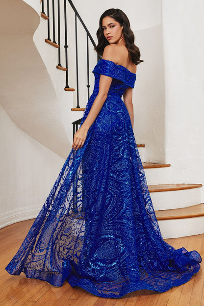 Royal Blue Off Shoulder Glitter Evening Gown with Sheer Overlay  CDJ836-1