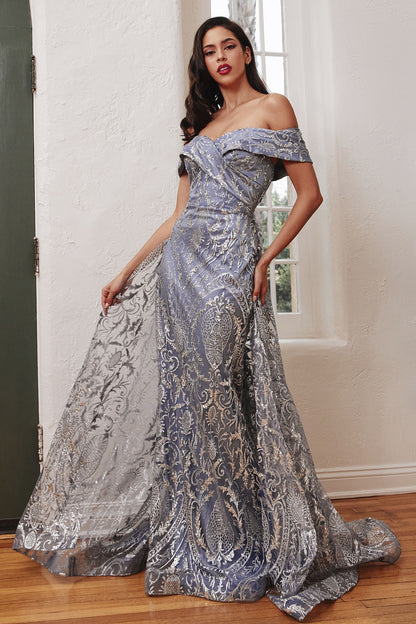 Royal Blue Off Shoulder Glitter Evening Gown with Sheer Overlay  CDJ836-4
