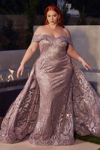 Royal Blue Off Shoulder Glitter Evening Gown with Sheer Overlay  CDJ836-5