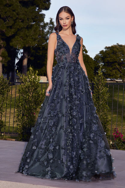 Glitter Floral Full Legth A-line Dress V-neck Backless Long Prom & Ball Dress CDJ838
