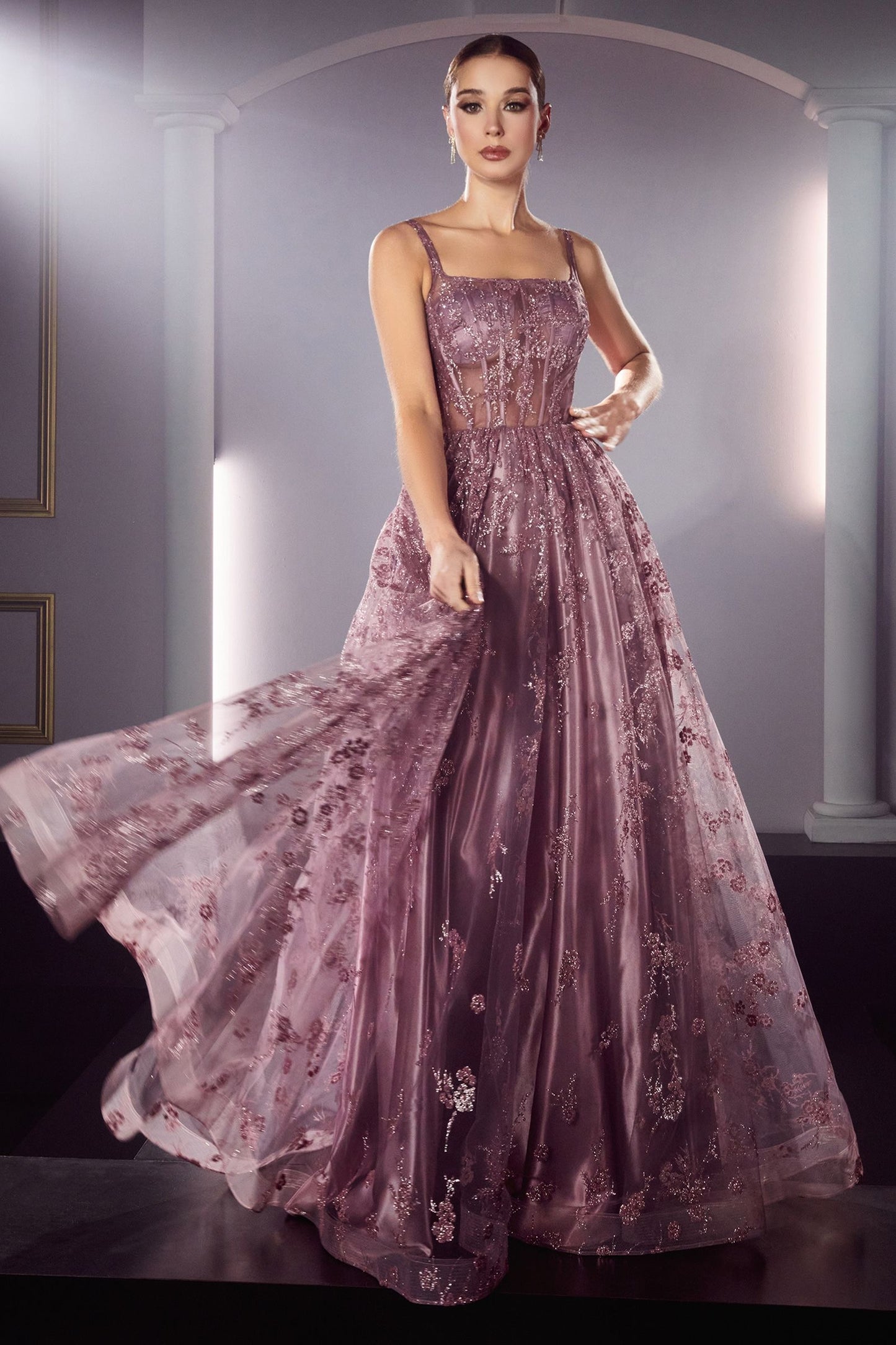 Glitter Print A-Line Dress Sequined Applique, Open Back, & Sequin Ballgown CDJ840-2