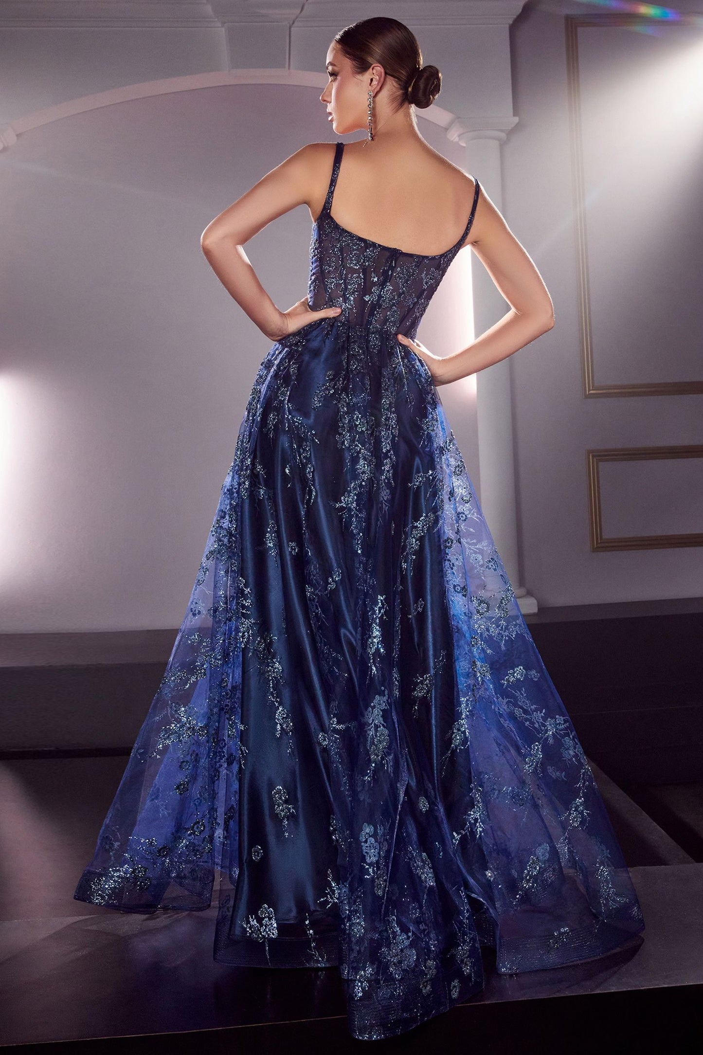 Glitter Print A-Line Dress Sequined Applique, Open Back, & Sequin Ballgown CDJ840-1