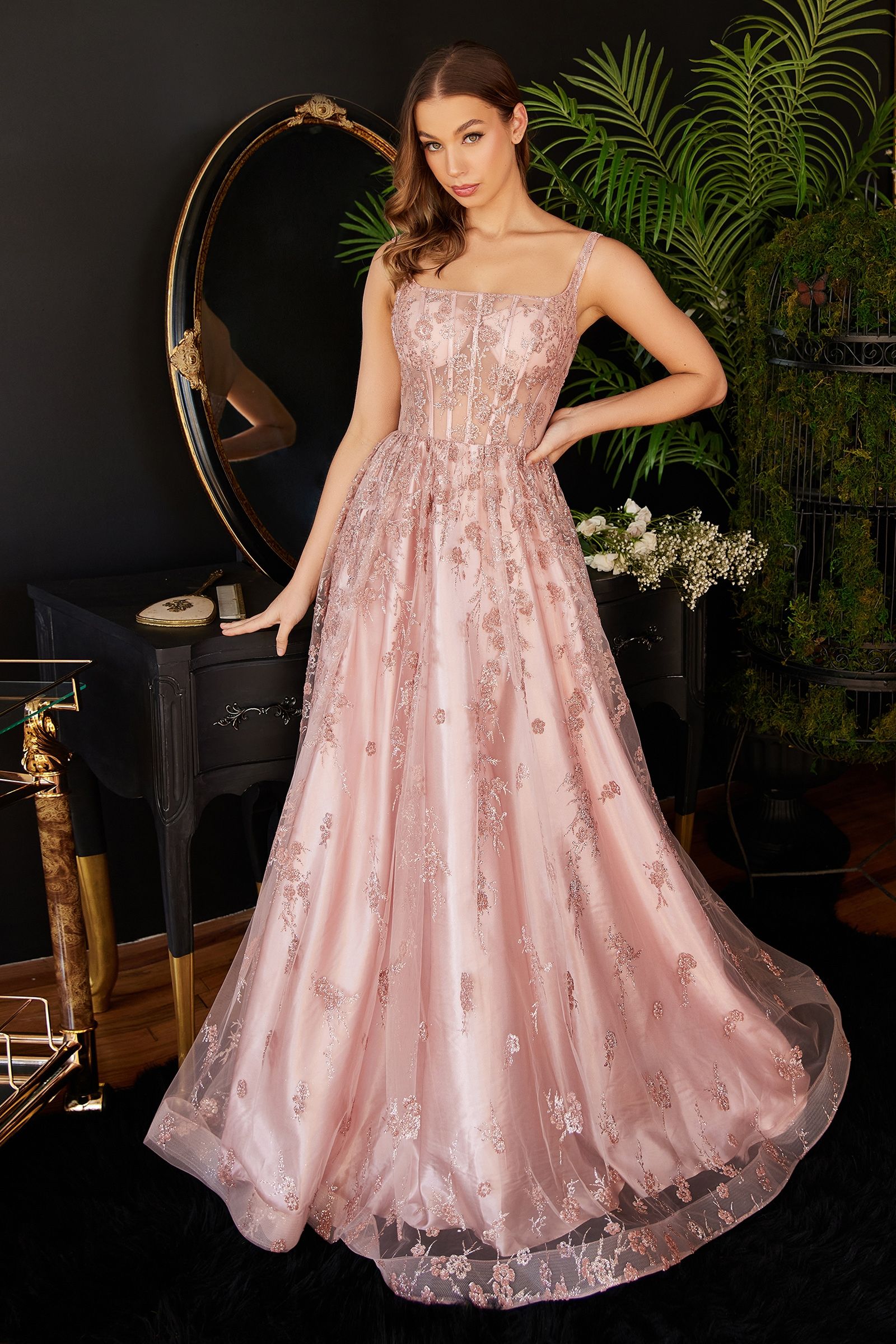 Glitter Print A-Line Dress Sequined Applique, Open Back, & Sequin Ballgown CDJ840-0