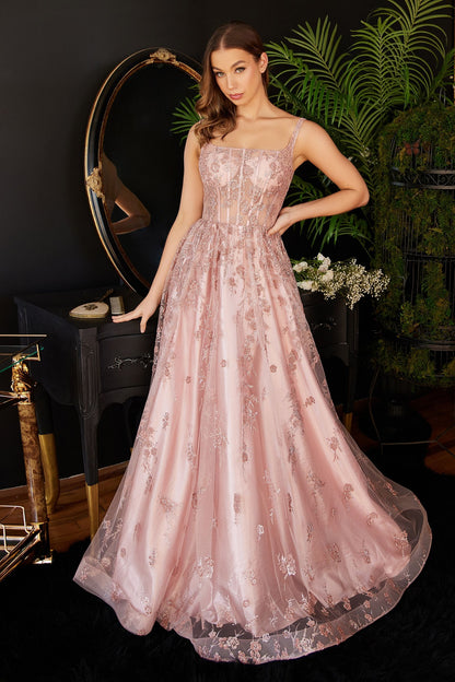 Glitter Print A-Line Dress Sequined Applique, Open Back, & Sequin Ballgown CDJ840-0