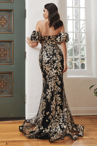 STRAPLESS GLITTER FLORAL PRINT GOWN WITH DETACHABLE PUFF SLEEVES CDJ844-1