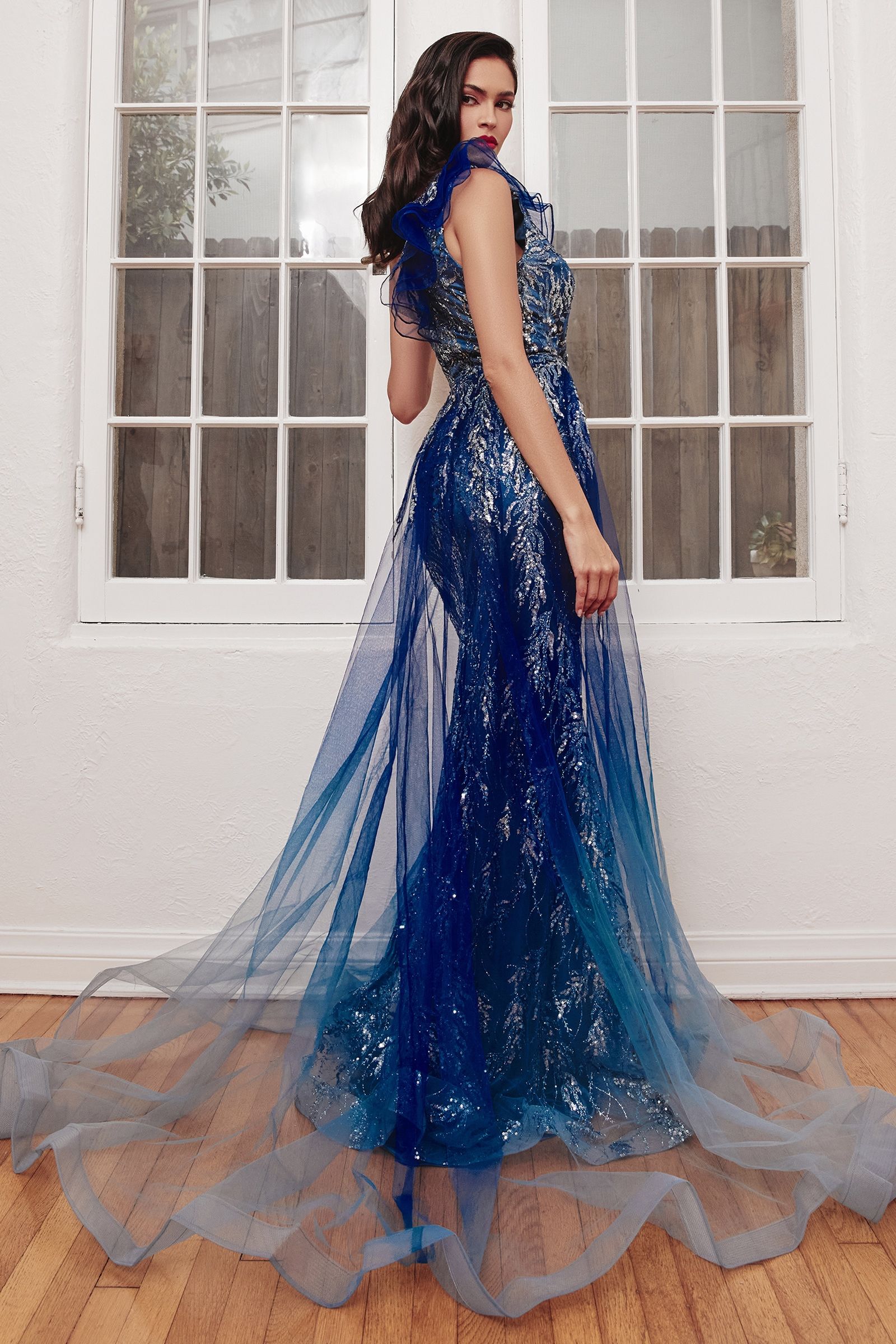 Lavender |  Gold One-Shoulder or Strapless Sequin Gown with Detachable Tulle Overskirt CDJ851-2