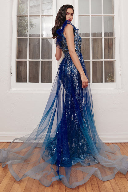 Lavender |  Gold One-Shoulder or Strapless Sequin Gown with Detachable Tulle Overskirt CDJ851-2
