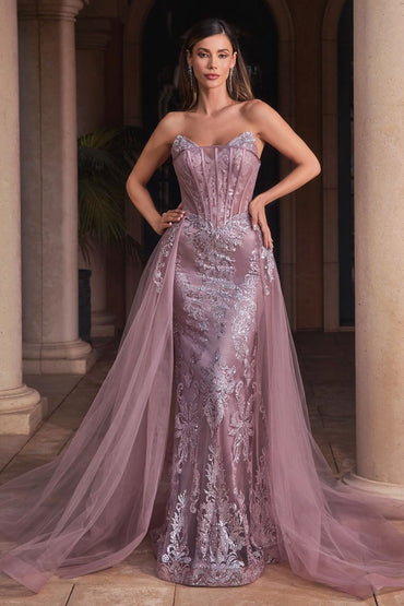 Sage Green, Mauve, Black, Blue | Strapless Embroidered Corset Gown with Tulle Overskirt & Beaded DetailSage Green, Mauve, Black, Blue | Strapless Embroidered Corset Gown with Tulle Overskirt & Beaded Detail  CDJ858-1