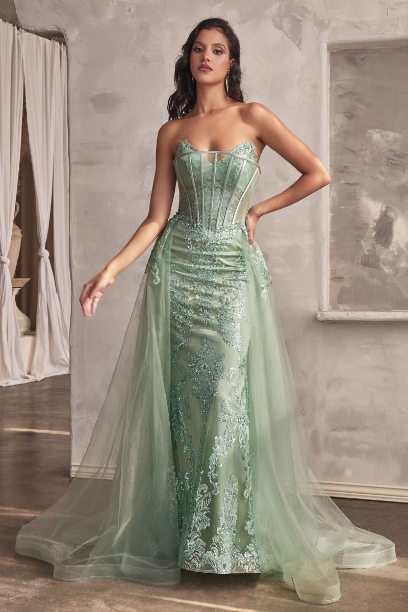Sage Green, Mauve, Black, Blue | Strapless Embroidered Corset Gown with Tulle Overskirt & Beaded DetailSage Green, Mauve, Black, Blue | Strapless Embroidered Corset Gown with Tulle Overskirt & Beaded Detail  CDJ858-0