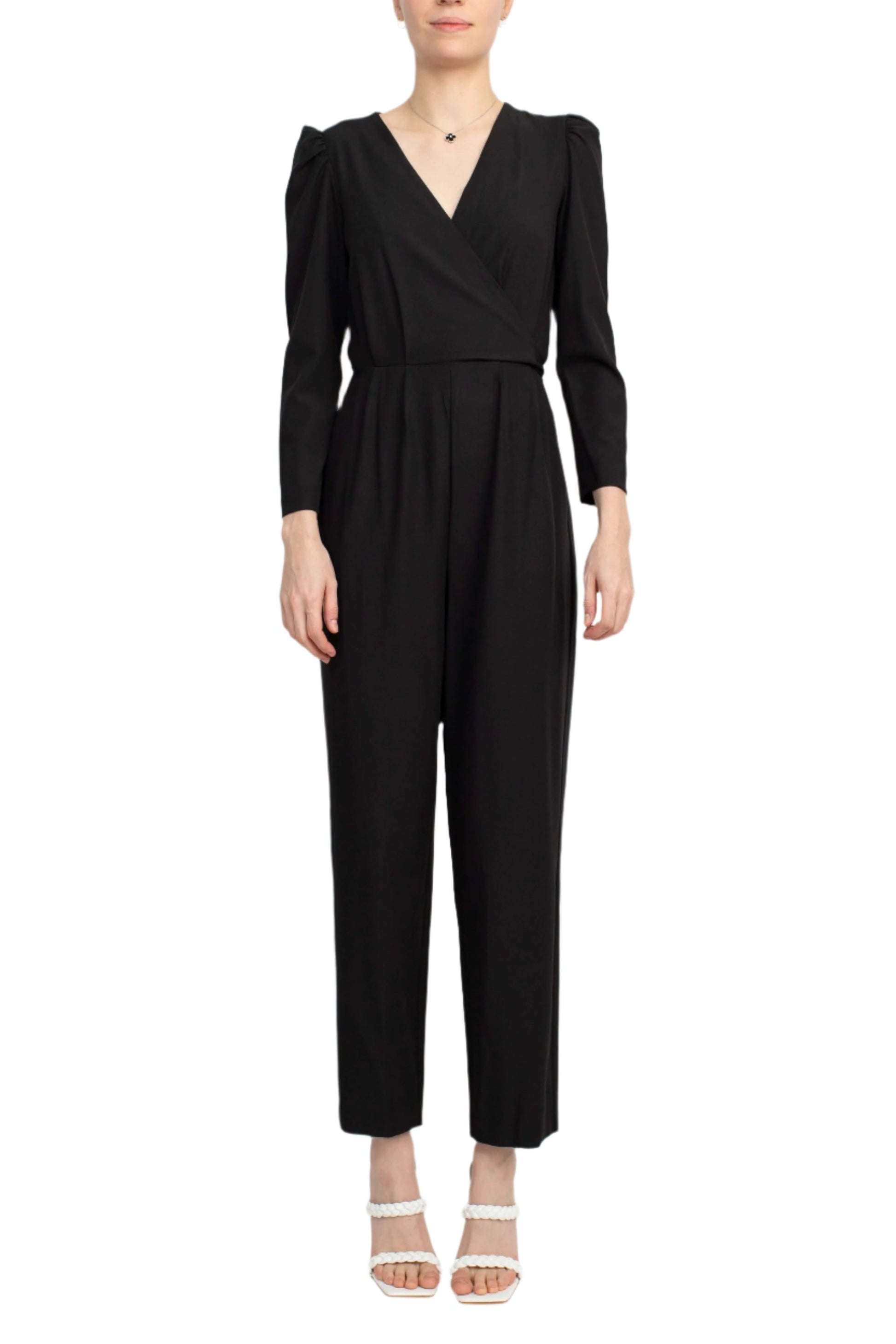 Julia Jordan V-Neck Long Sleeve Tie Back Zipper Back Solid Stretch Crepe Jumpsuit-0