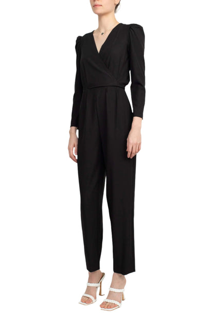 Julia Jordan V-Neck Long Sleeve Tie Back Zipper Back Solid Stretch Crepe Jumpsuit-1