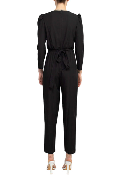 Julia Jordan V-Neck Long Sleeve Tie Back Zipper Back Solid Stretch Crepe Jumpsuit-2